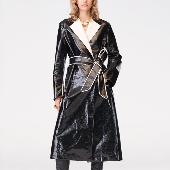 Zara Limited Edition Contrast Lapel Faux Patent Tie Trench Coat